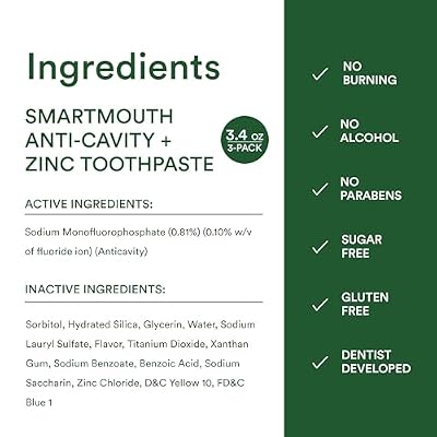 SmartMouth Anti-Cavity + Zinc Toothpaste - Fluoride Toothpaste for Cavity Prevention - Remineralizes Enamel - Sensitive Whitening - Alcohol-Free, Sugar-Free & Gluten-Free - 3.4 oz, 3-Pack