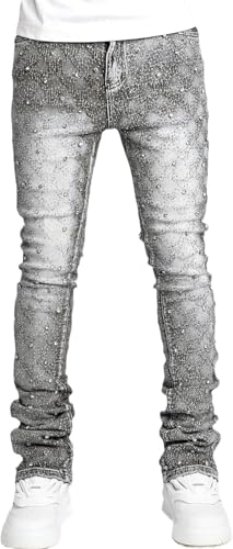 Men's Slim Fit Jeans Rhinestone Skinny Stacked Straight Leg Stretch Fit Stylish Denim Pants Y2K Vintage Grunge Hip Hop Pants