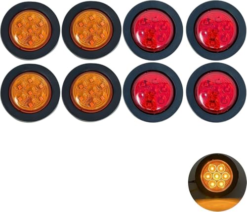 All Star Truck Parts 8 PC 2" Round LED Light Side Marker Clearance [7 LEDs] [Rubber Grommet] [IP 67] for Trailers - 4 Red and 4 Amber