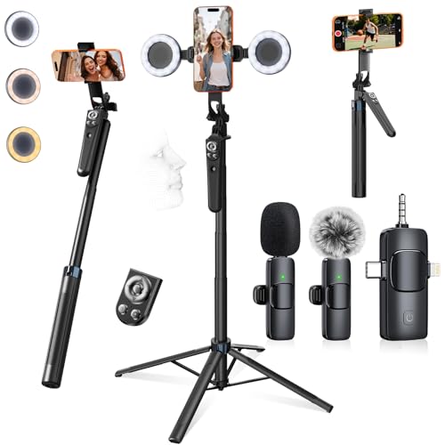 Tripod for iPhone with Light and Remote, Wireless Microphones, 71" Auto Face Tracking Phone Stand for Video Recording, Content Creator Essentials Vlogging Kit for YouTube, TikTok, Live Streaming