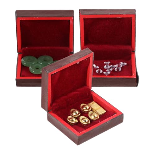 VOSAREA 3pcs Miniature Jewelry Box Set, Vintage Wood Dollhouse Organizer, Small Treasure Chest for 1/12 Scale Dolls, DIY Collectible Display and Desktop Storage