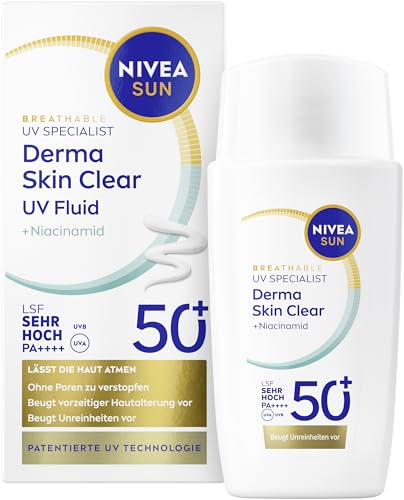 NIVEA SUN Sonnenschutz Fluid LSF 50+, nicht fettende Sonnencreme mit Anti-Unreinheiten Komplex & Niacinamid, UV Gesicht Experte Derma Skin Clear UV-Fluid LSF 50+ (40 ml)