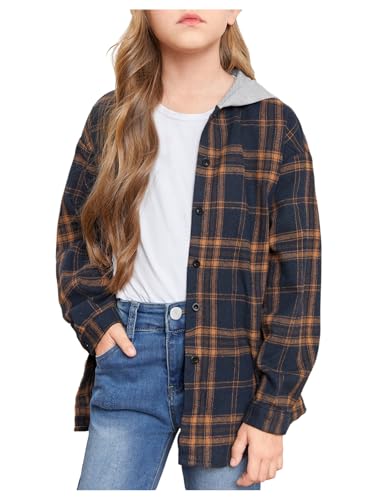 Milumia Girl's Plaid Print Long Sleeve Hoodie Jacket Hooded Neck Button Down Outerwear