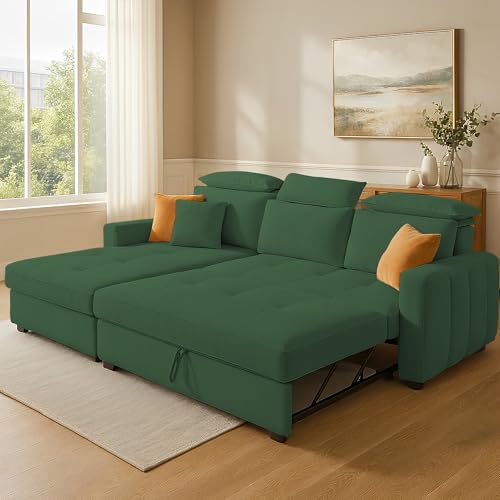 Image of Casaliving Gagnon LHS 4 Seater L Shape Corner Sofa Cum Bed for Living Room (Green Fabric) Premium Fabric Sofa