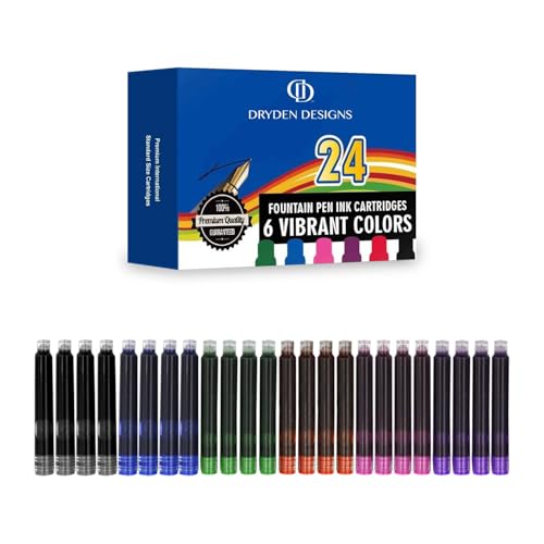 Dryden Designs Fountain Pen Ink Cartridges - Set of 24 Assorted Colors: Black, Blue, Green, Purple, Red, Pink - Short International Standard Size - Disposable and Generic Ink Refill Cartridges.