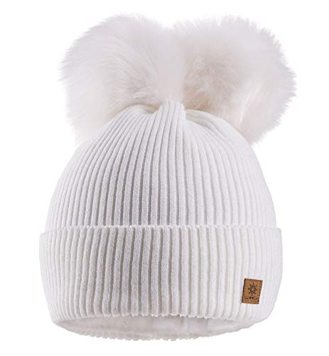 MFAZ Morefaz Ltd Damen Winter Beanie Strickmütze Mütze Doppelt Bommel Pom Pom Wurm SKI Mütze (White)