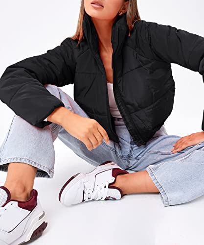 Automet Women's Winter Coats Cropped Puffer Jacket Long Sleeve Zip Stand Collar Pockets Baggy Short Warm Down Jackets #TOP3