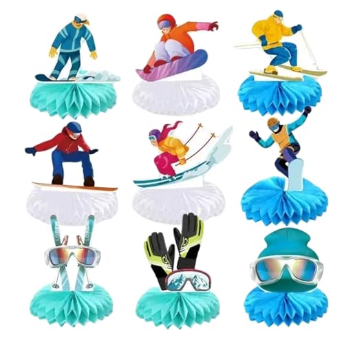 Skiing Honeycomb Centerpieces，9pcs Skiing Birthday Decoration ，Ski Party Table Centerpieces for Winter Sports Theme Birthday Party Supplies