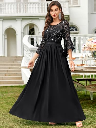 Image of Miusol Women's Formal Sparkle Sequin Lace Bell Sleeve Evening Party Maxi Dress