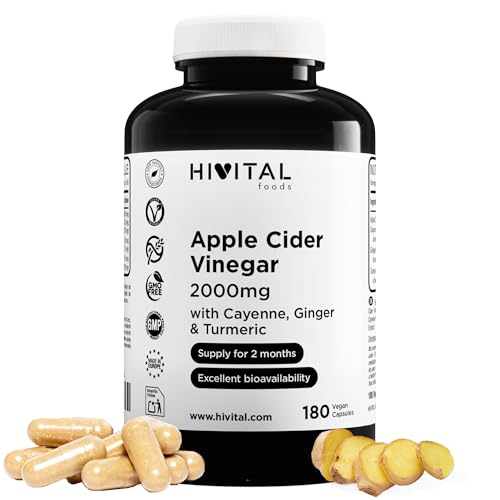 Vinagre de Sidra de Manzana 2000 mg. 180 cápsulas veganas para 2 meses de tratamiento. Antibacteriano natural con Cayena, Jenjibre y Cúrcuma. Fabricado en España por HIVITAL