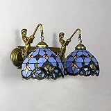 TFCFL Tiffany Wall Sconce, 2-Light Antique Wall Light Fixture Stained Glass Bowl Shade Bronze Finish Mermaid Pattern for Bedroom Hallway Stairway (Blue)