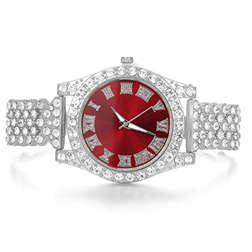 Image of Halukakah Diamonds Gold Watch Iced Out, Kid's 18K Real Gold /Platinum White Gold Plated 36MM Width Green /Blue /Red Dial Quartz Wristband 8 inch with Cuban Link Chain 7 inch+16 inch Bracelet, Free Giftbox