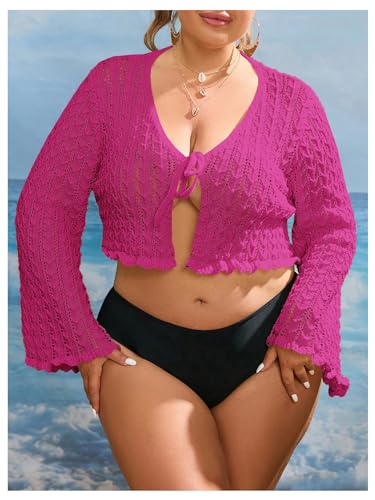 Image of Floerns Women's Plus Size V Neck Long Flounce Sleeve Tie Front Knit Crop Cardigan