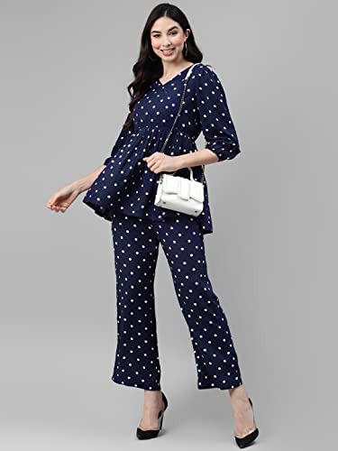 Image of DEEBACO Women's Polka Dots Rayon Flared Tunic & Pants Set for Women|V Neck Full Sleeves Top & Elastic Waist Pant Western Casual Wear Relaxed Fit Cord Set Outfit for Ladies (DBCOMR00000821 S Navy Blue)
