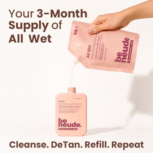 Image of All Wet 500ml De-Tan Body Wash Refill Pack with Milk, Lactic Acid, Vitamin C for Skin Brightening, Dark Spot & Pigmentation Reduction; Deep Cleansing Shower Gel Prevents Dryness & Body Acne for Men & Women