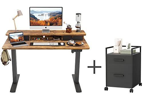 Fezibo Height Adjustable Electric Standing Desk With Double Drawer, And 2-Drawer Mobile File Cabinet, Ergonomic Home Office Furniture And Wooden Storage Cabinet (Bundle) #TOP25