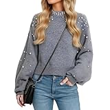 Suéter Grueso con Adornos de Perlas para Mujer, Jersey de Cuello Redondo Manga Farol Extragrande, Elegante, Gris Claro, Talla Grande