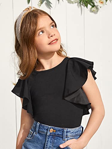 Shein Girl's Cute Ruffle Cap Sleeve Blouses Casual Round Neck Solid Tee Shirt Tops Black 11-12Y #TOP4