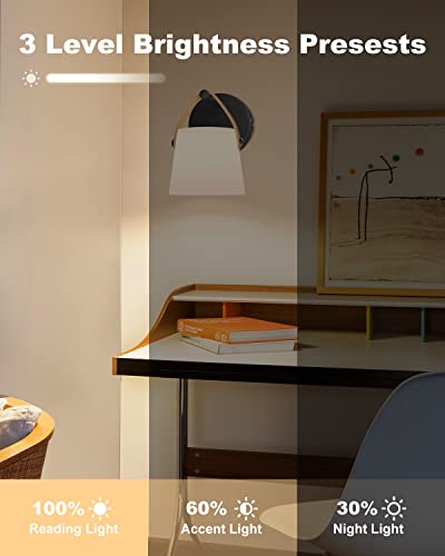 Tacahe Battery Operated Wall Sconce With Glass Shade - 3000K Warm White & 3 Brightness Setting - 4000 Mah Rechargeable Battery - Not Hardwired Needed - Wall Accent Night Light For Bedroom - Black #TOP2