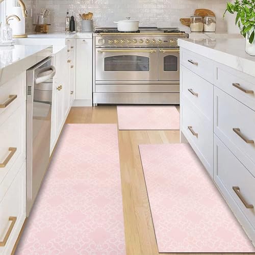 Kitchen Rug Sets 3 Piece with Rubber Backing Farmhouse Kitchen Mats for Floor Non Slip Kitchen Area Rug for Laundry Room Entryway Hallway Pink