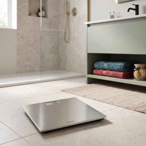 Salter digitale personenweegschaal – roestvrijstalen badkamerweegschaal 180 kg, LCD-display, compacte weegschaal, hoge precisie 0,1 kg, plateau 30 x 30 cm, step-on, grijs