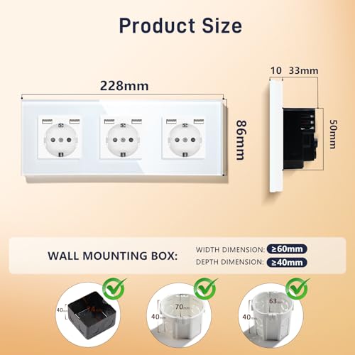 BSEED USB Steckdose Tripel Weiß Schuko Steckdose mit USB Anschluss (Max. 2.1A) Unterputz Steckdose Glas Schutzkontakt-Steckdose Ladegerät für Handys, Laptops etc