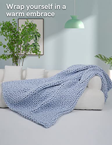 YnM Weighted Blanket, Handmade Chunky Knitted Design, Soft and Cozy, Temperature Regulating and Breathable, Machine Washable Throw for Sleep or Home Decor (Blue Fancy Yarn, 80x87 Inch, 25lbs)