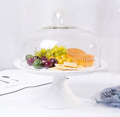 YBK Tech Strength Porcelain Elegant Cake Display Stand Cupcake Stand- Embossed Lace Pattern (White, with Glass Dome Lid)
