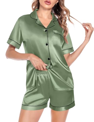 Image of SWOMOG Satin Matching Pajamas Sets Couple Silk Button Down Nightwear Women & Men Short Sleeve Sleepwear 2 Pieces Loungewear