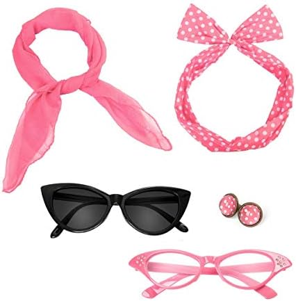 Retro 50's Costume Accessories Set Polka Dot Chiffon Scarf Cat Eye Glasses Bandana Tie Headband & Earrings for Girls Women Ladies Dress Up (Pink)