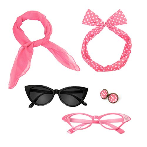 Retro 50'S Costume Accessories Set Polka Dot Chiffon Scarf Cat Eye Glasses Bandana Tie Headband & Earrings For Girls Women Ladies Dress Up (Pink) #TOP7