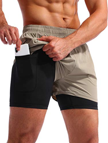Image of Pudolla Men's 2 in 1 Running Shorts 5 inch Quick Dry Gym Athletic Workout Shorts for Men with Phone Pockets