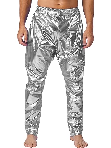 Kaerm Pantalones metálicos brillantes para hombre, estilo hip hop, jazz, pantalones de danza, elásticos, para fiestas, discotecas, discotecas, clubwear, plata, S