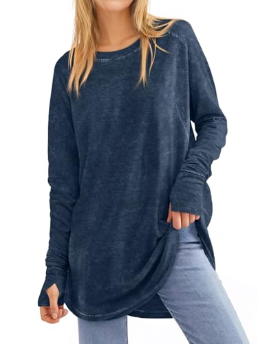 Tankaneo Womens Oversized Long Sleeve Shirts Vintage Washed Casual Loose Fit Tunic Tops with Thumb Holes
