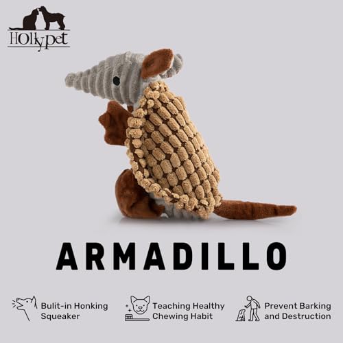 Image of Hollypet Plush Dog Squeaky Toy Stuffed Armadillo Animal Pet Puppy Chew Toys with Clean Teeth for Small Medium Large All Breed Sizes Dogs, Light Brown, 8 in
