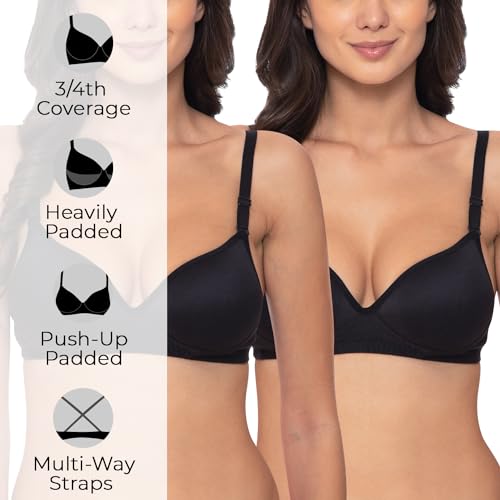 Image of Komli - Heavily Padded Push-Up Bra - Cotton Rich - Balconette - 3 /4th Coverage, Seamless, Wireless, Multiway Straps - T-Shirt Bra (Pack of 2)
