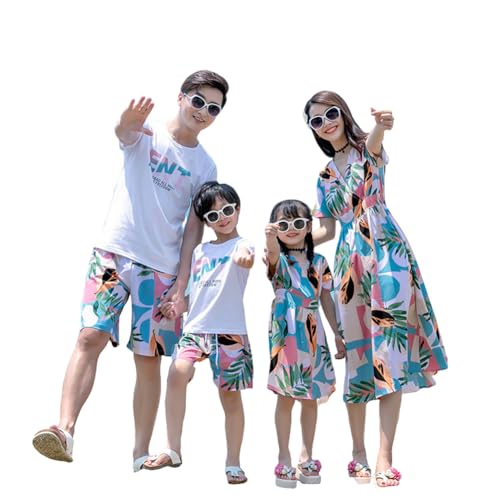 親子ペア ペアルック メンズ アロハシャツ ショートパンツ セットアップ レディース Vネック リゾートワンピース 家族お揃い リンクコーデ お揃い 親子コーデ カップル服 兄弟 姉妹（Amazon）