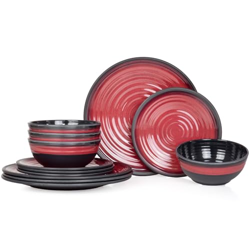 Vaisselle de table de camping en mélamine pour 4 personnes 12 pièces | Passe au lave-vaisselle | Service de pique-nique | Vaisselle de camping I Stone Red Design