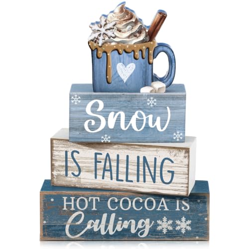 Lineshading 4 Pcs Christmas Table Decor, Blue Winter Wonderland Cocoa Sign