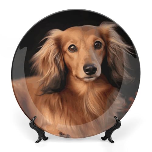 KLWQR Bone China Decorative Plate Long Haired Dachshund Ceramic Decorative Plates with Display Stand 8inch Handmade Ceramic Ornament Wall Art Decor for Home Kitchen Bedroom Decorative Ornaments
