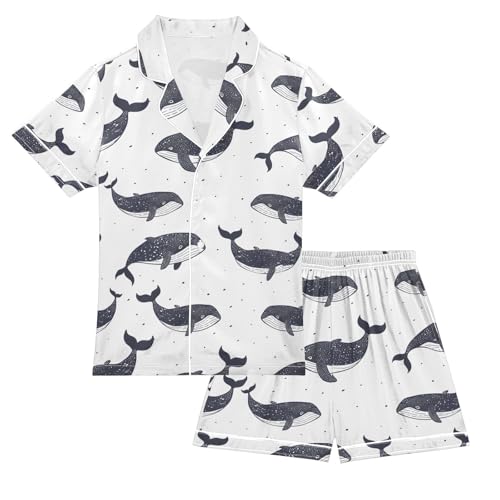 ALAZA Black Whale Pajamas Satin Pajama Set Short Sleeve Button Down Sleepwear