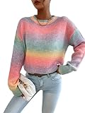 Floerns Women's Drop Shoulder Long Sleeve Crew Neck Sweater Pullover Top Pink Multi L