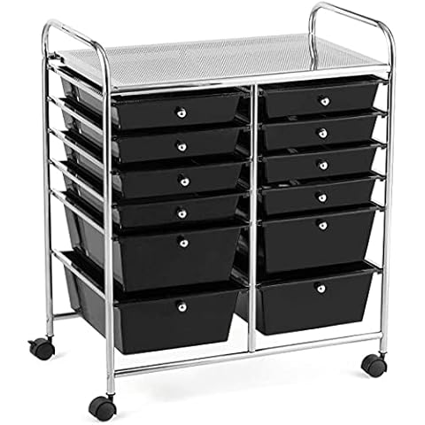 FANTASK 12-Drawer Rolling Storage Cart, Multipurpose Organizer Utility Trolley on Wheels, Tools Scrapbook Paper Organizer for School, Office, Home, Beauty Salon (Black) Cover
