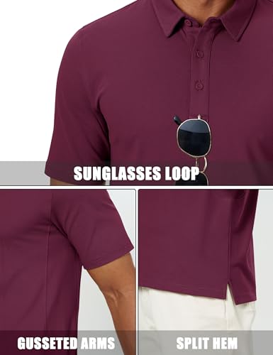 Cotrasen Polo Shirts for Men Short Sleeve Cotton Pique 3 Buttons Golf Classic Fit Casual Performance T-Shirt Wine Red L — view 6