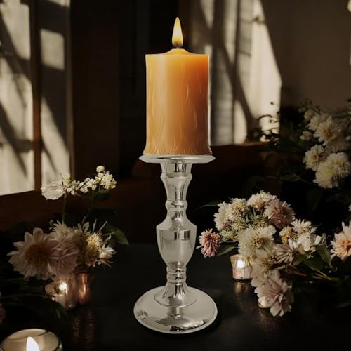 Image of Gold Plated Large Candle Stand /Candle Holder /Modern Design Candle Pillar Candle Holder for Home Decoration (Medium (9 inches), Silver (Nickle))