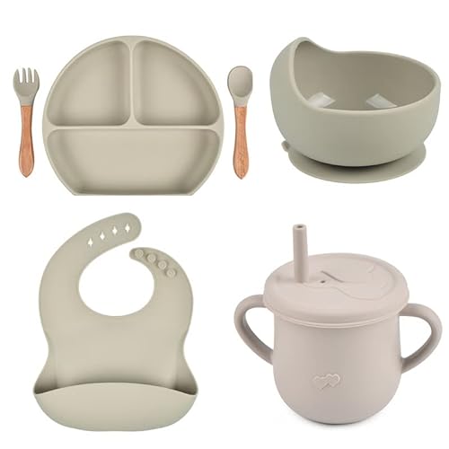 Personalized Name Food Grade 6Pcs Baby Feeding Set With Spoon, Fork,Silicone Suction Bowls,Cup,Plate,And Bib Bpa Free - First Stage Self Feed #TOP7