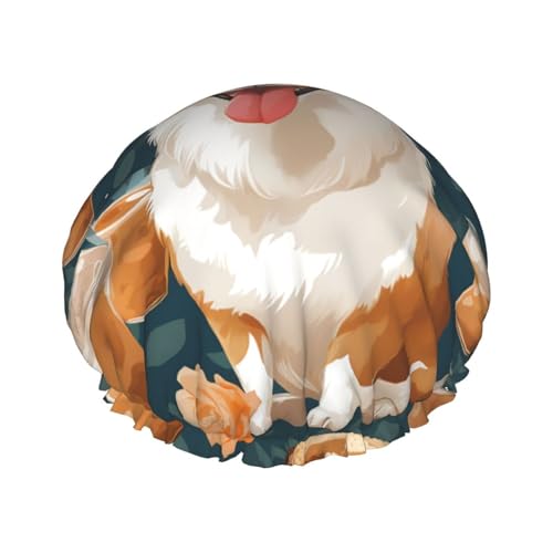 Cuffia da doccia con stampa di corgi e tè al latte, da donna, a doppio strato, impermeabile, elastica, riutilizzabile, protezione per capelli, per spa e saloni da bagno