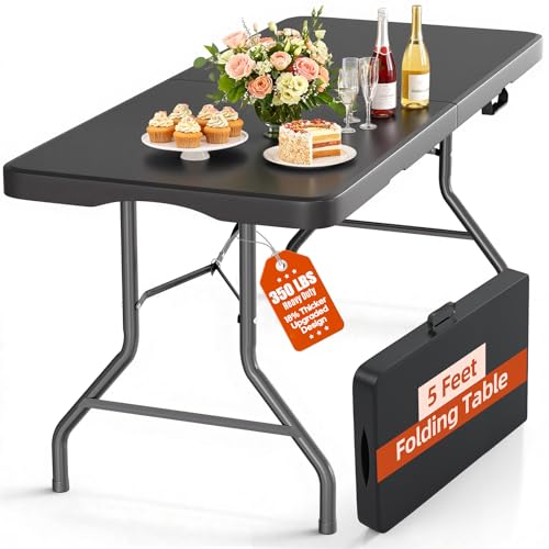 Harigal 5 Foot Folding Table 350 LBS Heavy Duty, 18% Thicker HDPE Waterproof Top, Portable Fold in Half Table with Carrying Handle and Steel Frame for Indoor Outdoor Party Events