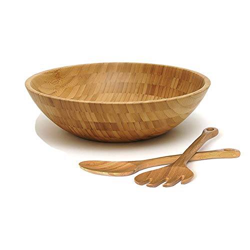 Bamboo Wood Salad Bowl with 2 Server Utensils Large Salad SpoonServing and Mixing Bowl