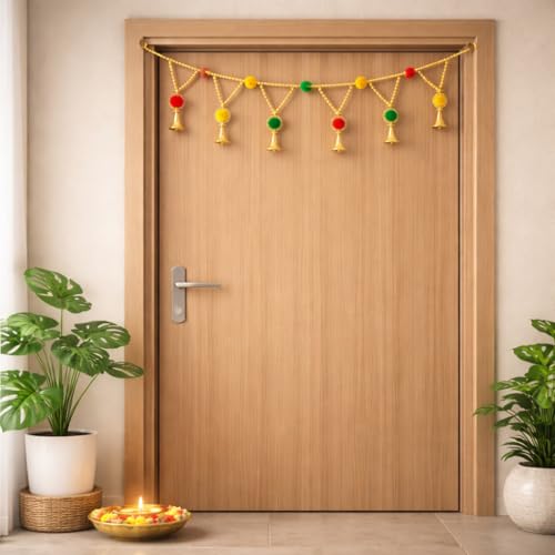 Image of Rajasthan Kraft Handmade Beads & Pom Pom Door Toran - 40 Inch in Size, for Festive & Housewarming Decor (T0014)